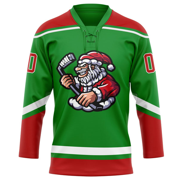 Custom Grass Green Red-White Christmas Santa Claus 3D Hockey Lace Neck Jersey