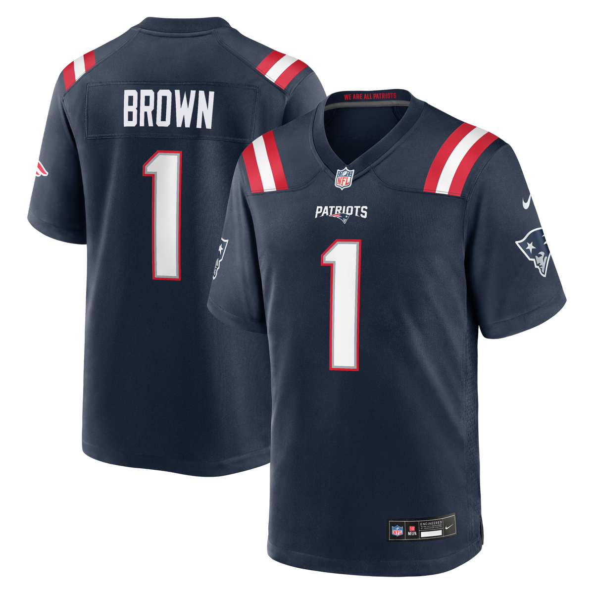 New England Patriots A.J. Brown Navy Team Game Jersey
