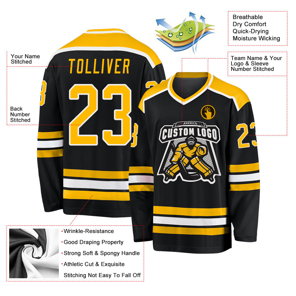 Custom Black Gold-White Hockey Jersey