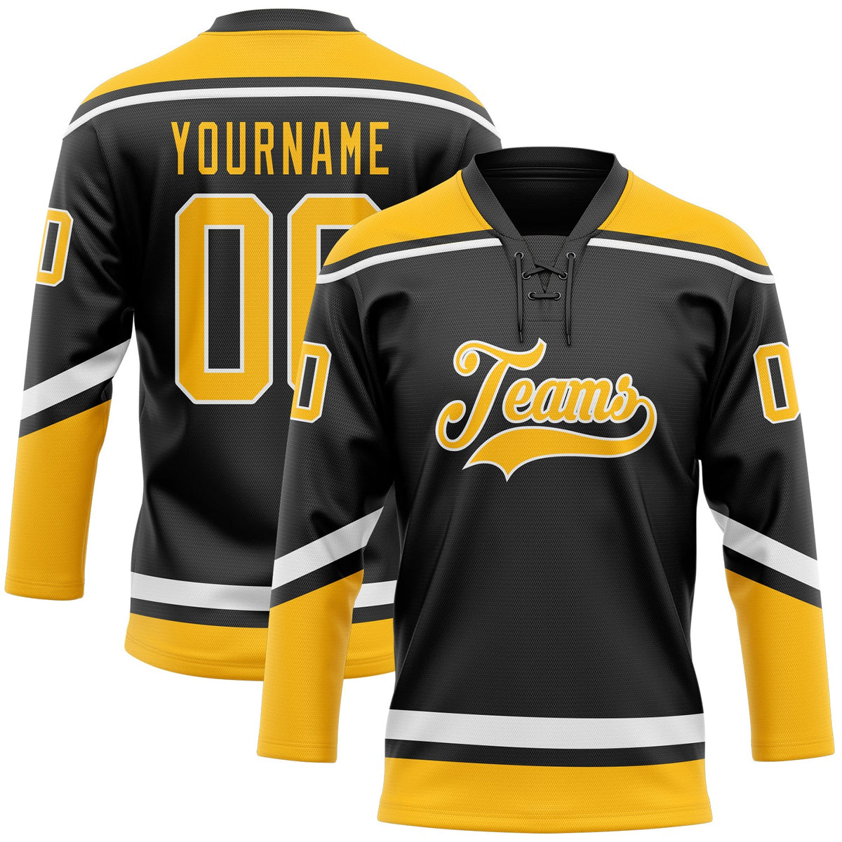 Custom Black Gold-White Hockey Lace Neck Jersey