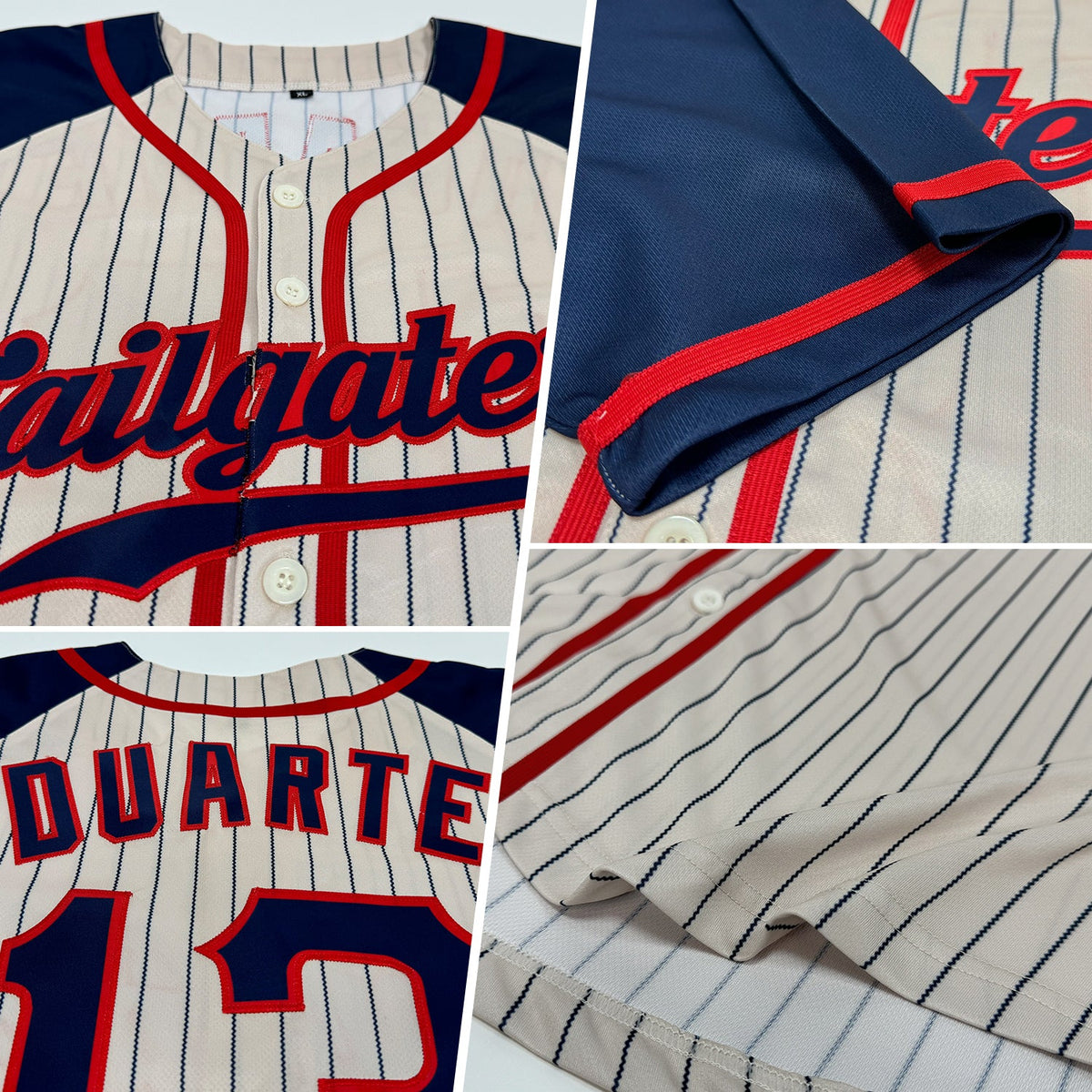 Custom Cream Navy Pinstripe Navy-Red Authentic Raglan Sleeves Baseball Jersey