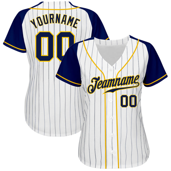 Custom White Navy Pinstripe Navy-Gold Authentic Raglan Sleeves Baseball Jersey