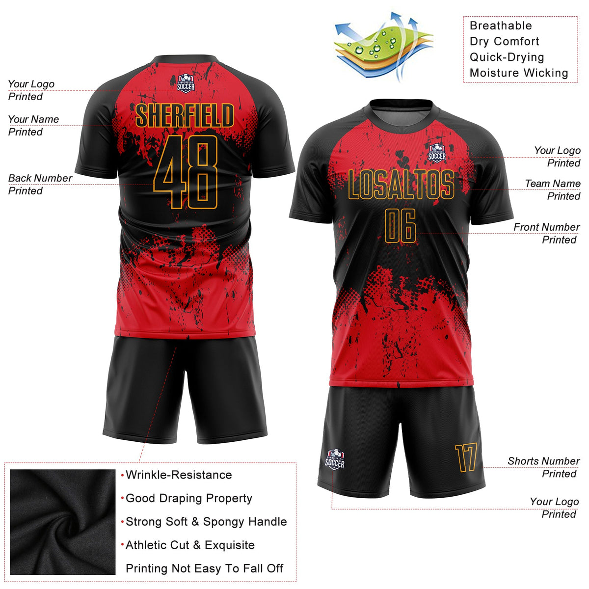 Custom Black Red-Gold Sublimation Soccer Uniform Jersey