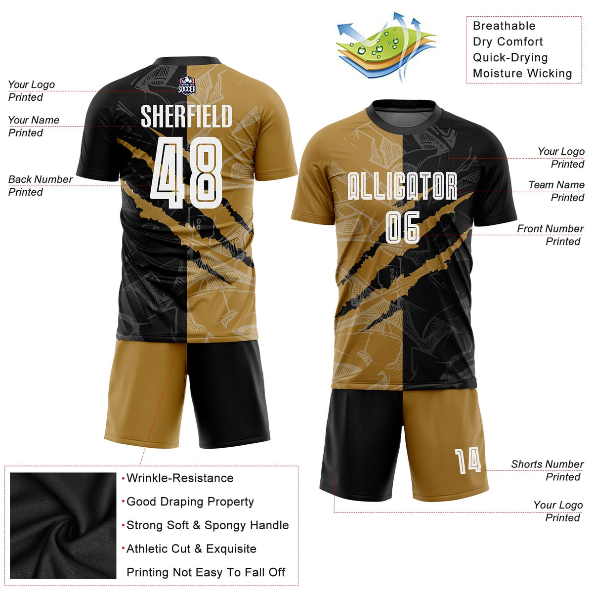 Custom Graffiti Pattern White Black-Old Gold Scratch Sublimation Soccer Uniform Jersey