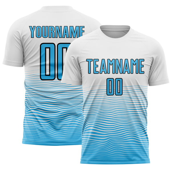 Custom White Sky Blue-Black Gradient Line Sublimation Soccer Uniform Jersey