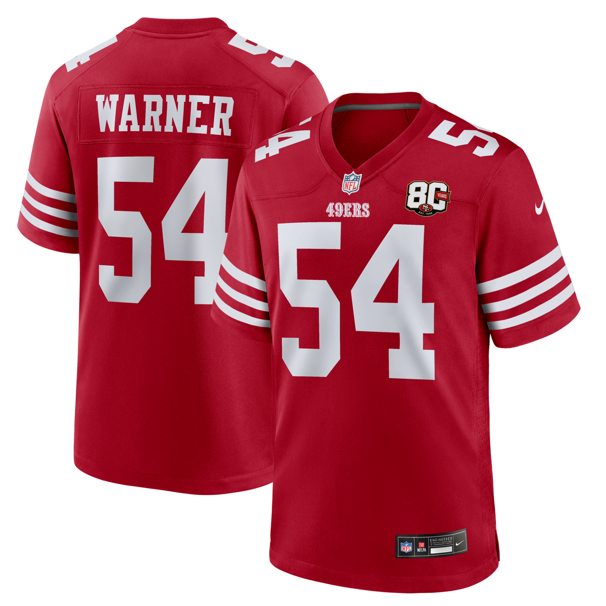 San Francisco 49ers Fred Warner Scarlet 80th Anniversary Game Jersey