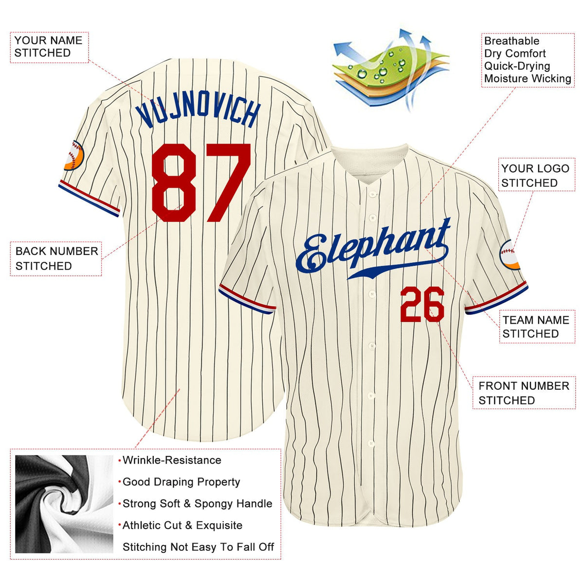 Custom Cream Black Pinstripe Red-Royal Authentic Baseball Jersey