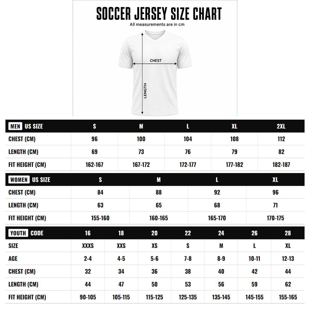 Custom Pink White-Black Sublimation Fade Fashion Soccer Uniform Jersey size chart